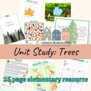 Trees unit study 25 page elementary resource cover graphic with sample pages.