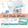 Whales unit study 27 page elementary resource cover graphic with sample pages.