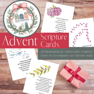 Advent cover art featuring handpainted Advent Scripture cards to accompany our advent study.