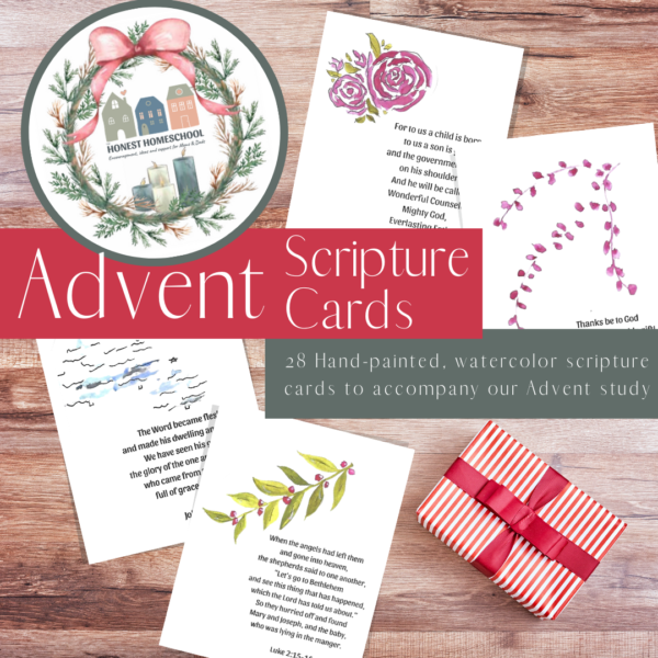 Advent cover art featuring handpainted Advent Scripture cards to accompany our advent study.