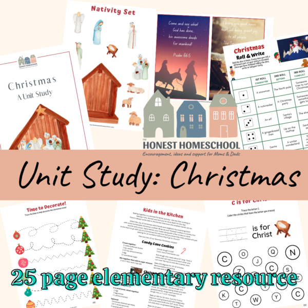 Christmas unit study 25 page elementary resource cover graphic with sample pages.