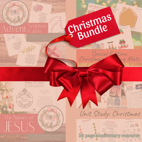 Christmas unit study bundle with the honest homeschool includes advent scripture cards, christmas learning mats, the names of jesus crafts, and the Christmas unit study cover photo