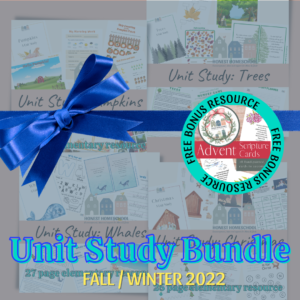 The Fall and winter unit study bundle with trees, pumpkins, whales, and Christmas unit studies cover art.