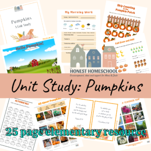 Pumpkins unit study 25 page elementary resource cover graphic with sample pages.