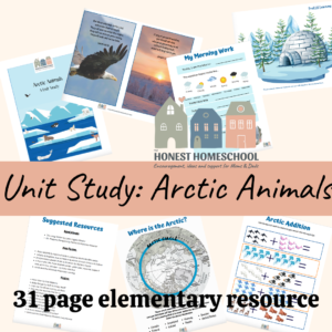 Arctic Animals unit study 31 page elementary resource cover graphic with sample pages.
