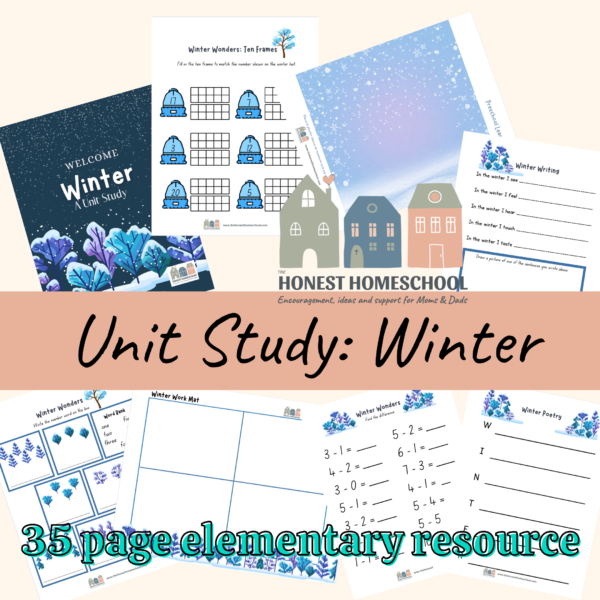 Winter unit study 35 page elementary resource cover graphic with sample pages.